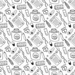 Hand drawn medicine seamless pattern. Doddle sketch healthcare and medical background