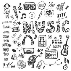 Hand-drawn collection with music doodles. Music icons set. Vector illustration.