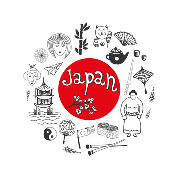 Doodle hand drawn collection of Japan icons. Japan culture elements for design. Vector illustration.