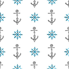 Seamless nautical background with anchors and ship wheels. Hand drawn sea seamless pattern.