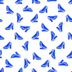 Watercolor shoes seamless pattern. Vector fashion background with painting blue shoes.