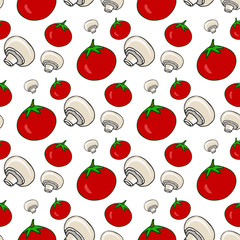 Hand drawn seamless pattern with tomatoes and mushrooms. Vector healthy vegetables. Illustration for menu