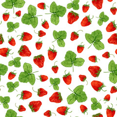 Watercolor seamless pattern with vector strawberries and leaves on the white background. Hand drawn illustration for eco product design, soap package, textile, wrapping