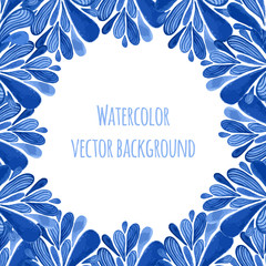 Blue floral banner frame in russian gzhel style or holland style. Vecor template with watercolor decoration. Can be used for greeting card, banner, souvenir design.