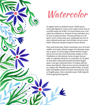 Watercolor frame with cute flowers. Floral background. Vector  template