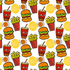Hand drawn seamless pattern with fast food. Doodle street food. Fries potato, cola and burgers background.