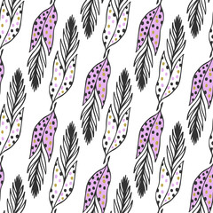 Seamless ethnic pattern with hand drawn cute feathers. Vector background. Use for wallpaper, textile, pattern fills, packaging design, web page background.