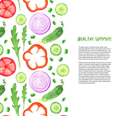 Hand paint watercolor vegetables set. Watercolor border with arugula, cucumber, tomato