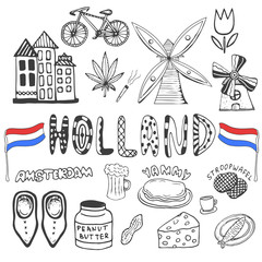 Doodle hand drawn collection of Holland icons. Netherlands culture elements for design. Vector illustration with travel objects.
