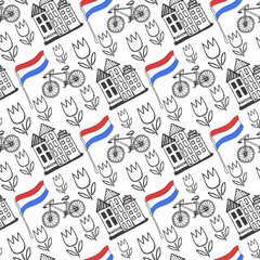 Hand drawn seamless pattern with Holland city elements. Netherlands background for design. Vector travel - 88475627