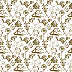 Hand drawn seamless pattern with camping objects. Summer vacation background. Camping holiday vector illustration.