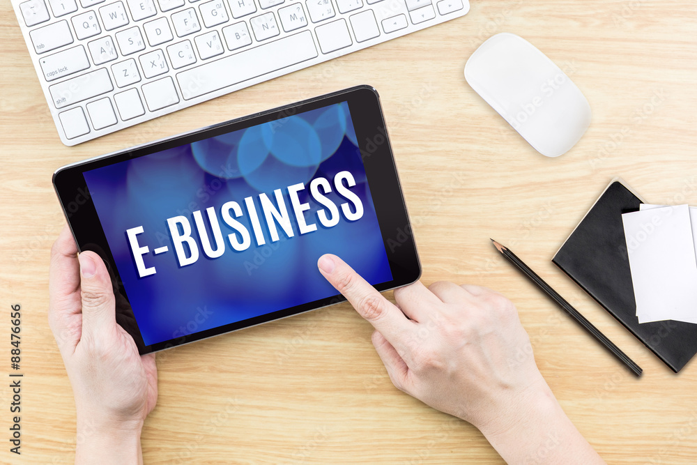 Poster Finger click screen with E-business word with keyboard and noteb