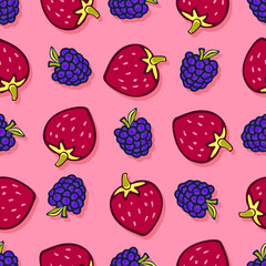 Blackberry and strawbeerry seamless pattern. Vector doodle berries design for wallpaper, web page background, wrapping, packaging, textile, scrapbook, fabric, menu