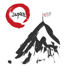 Japan mountain and red sun flag. Sumi-e. Red zen circle hand-drawn with ink. Vector artwork