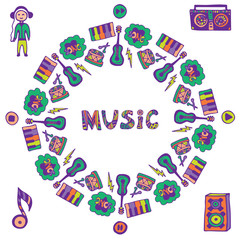 Obraz premium Hand drawn music frame. Music doodle colorful icons. Template for flyer, banner, poster, cover