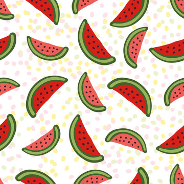 Watermelon seamless pattern. Dessert texture with cute slice. Colorful vector  for wallpaper, web page background, wrapping, packaging, textile, scrapbook, fabric, menu