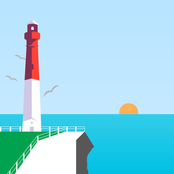 Lighthouse in sea, sun illustration