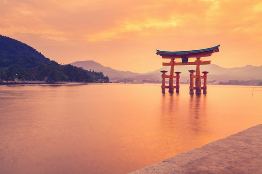 The famous orange shinto gate (Torii) of Miyajima island, Hiroshima prefecture, Japan.