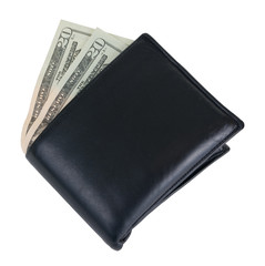 Black leather wallet with dollars isolated on white background