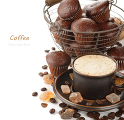 Cup of coffee and chocolate muffins