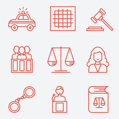 Law icons, thin line style, flat design