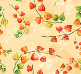 Plakat Watercolor physalis seamless background pattern, toned