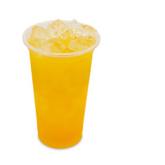 ice tea mango in takeaway glass isolated on white background wit