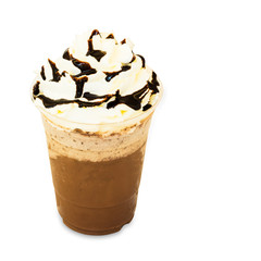 cold fresh cocoa smoothie in takeaway glass isolated on white ba