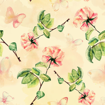 Seamless watercolour roses and butterflies background pattern