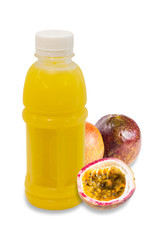 passion fruit  juice in plastic bottle with fruit isolated on wh