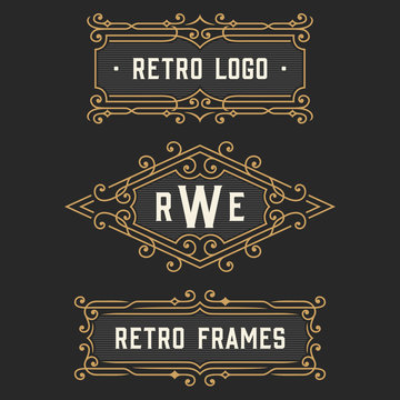 The set of stylish retro logo and monogram emblem templates. Elegant vintage frames ornament logo design. Stock vector.