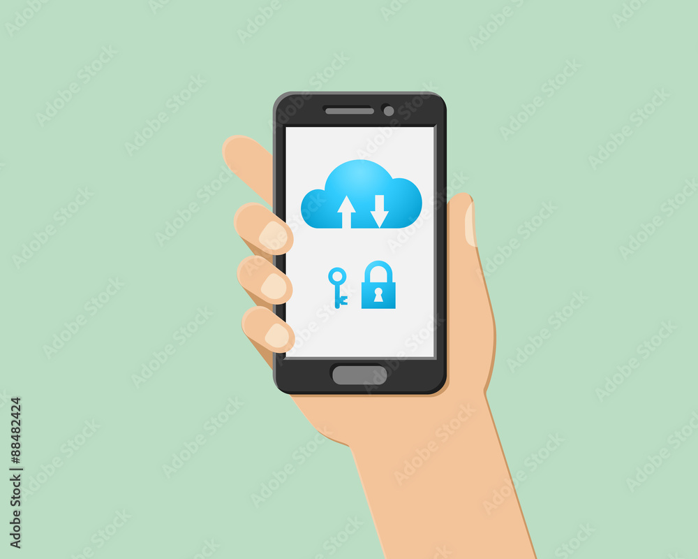 Aufkleber cloud computing concept with key and lock as security symbol. hand holding smartphone.