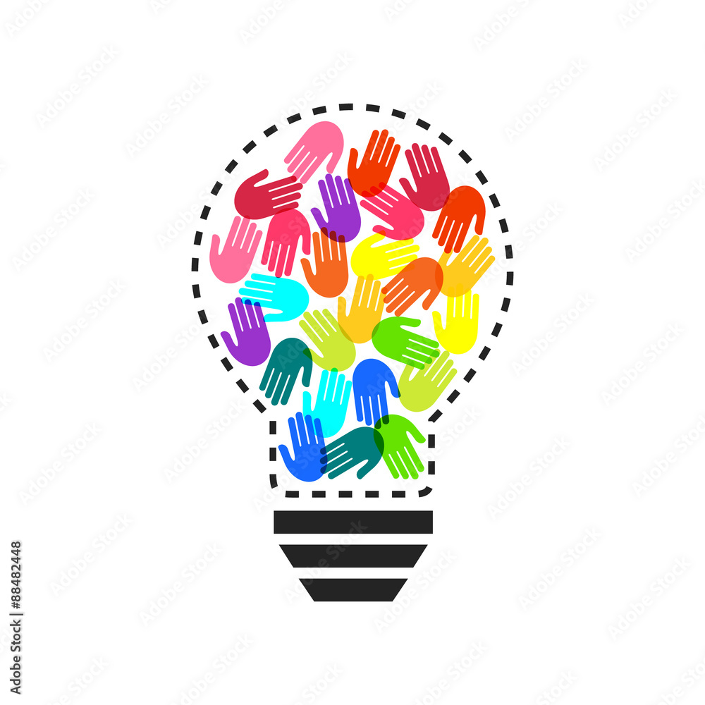 Poster lightbulb with colorful handprints inside as teamwork and idea concept