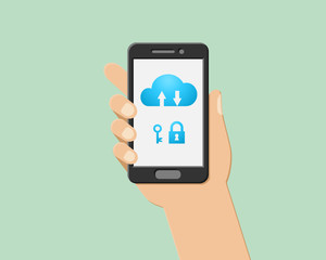Cloud computing concept with key and lock as security symbol. Hand holding smartphone. 
