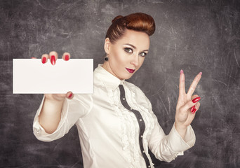 Woman holding empty banner in her hand