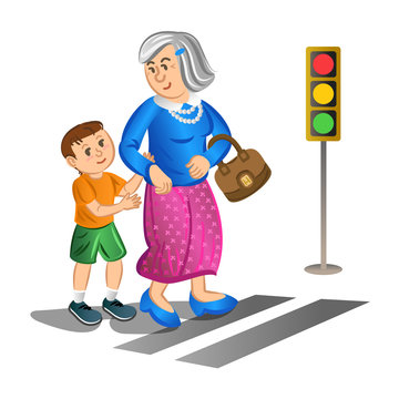 Boy Helping Old Lady Cross The Street. Vector Illustration.