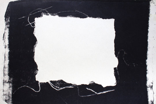 Blank black picture frame. White squere on black background. Abstract monochrome image template.