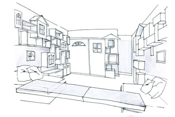 sketch in black and white of a room for kids