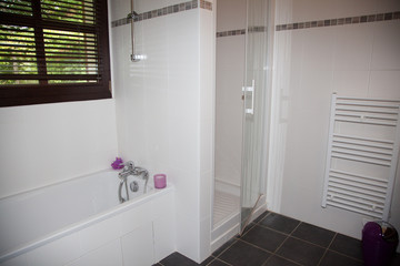 Well decorated modern white  washroom,