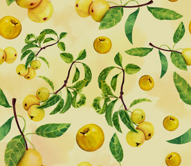 Seamless watercolor apple branches vintage style background pattern