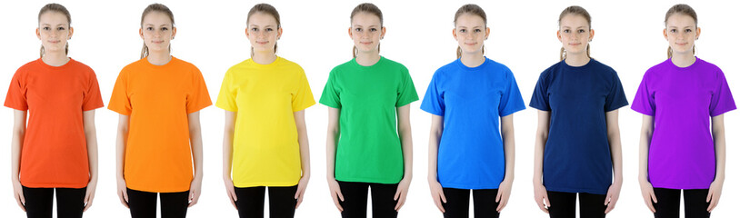 Textildruck auf T-Shirt in Farben von Regenbogen wie Rot, Orange, Gelb, Grün, Blau und Violett