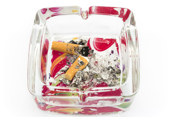 Ashtray with cigarette butts, isolated on white
