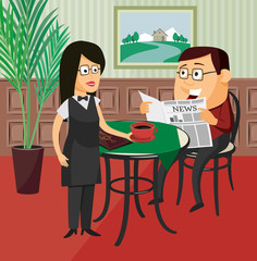 Fototapeta premium Nice waitress carries coffee young man reading a newspaper in a restaurant - vector simple illustration.