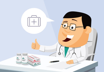 Funny optimistic experienced doctor sitting in private practice - vector simple illustration.
