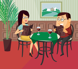 Happy young man with a nice woman in a traditional cafe in france. Romantic man invited a beautiful woman on a date. Vector simple illustration.