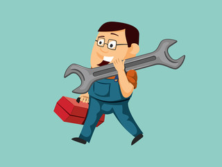 Funny repairman carries wrench and goes to repair the machine. Handy mechanic. Service center. Simple vector illustration.