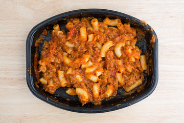 Beef and Macaroni TV dinner on table top
