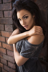 Fototapeta premium Sensual brunette woman posing on brick wall