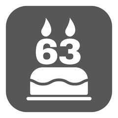 The birthday cake with candles in the form of number 63 icon. Birthday symbol. Flat
