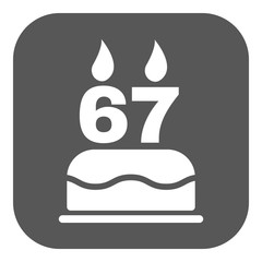 The birthday cake with candles in the form of number 67 icon. Birthday symbol. Flat
